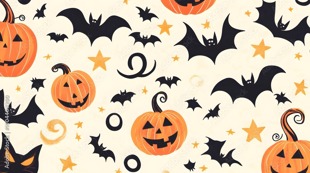 A Halloween pattern featuring pumpkins with star-shaped eyes, cats in mid-pounce, and bats flying in elegant spirals, all in pastel orange on a cream backdrop A Halloween pattern featuring pumpkins with star-shaped eyes, cats in mid-pounce, and bats flying in elegant spirals, all in pastel orange on a cream backdrop