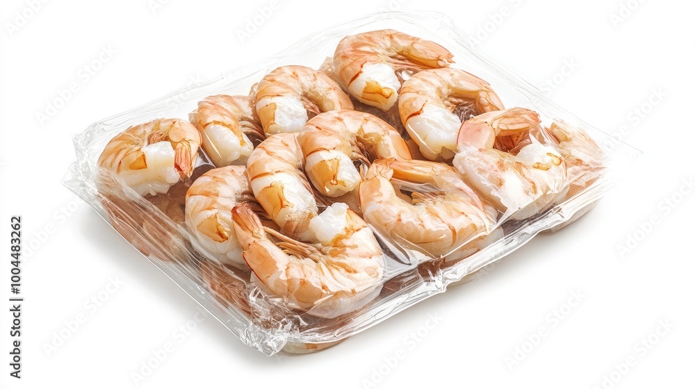 Packaged cooked shrimp in transparent wrapping, set against a white background, highlighting convenience for consumers. Packaged cooked shrimp in transparent wrapping, set against a white background, highlighting convenience for consumers.