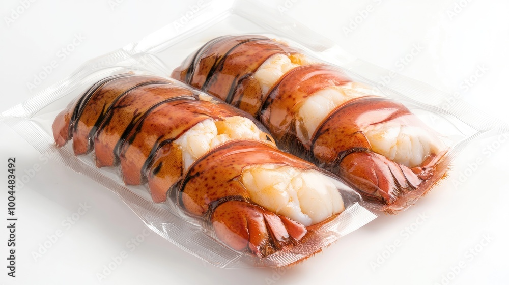 Packaged frozen lobster tail in vacuum-sealed plastic, displayed on a white background, perfect for gourmet meal preparations. Packaged frozen lobster tail in vacuum-sealed plastic, displayed on a white background, perfect for gourmet meal preparations.