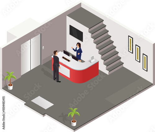 Isometric Lobby Reception With Stairs and Lift