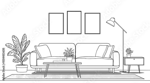 vector drawing of black lines room with sofa and paintings on white background .Generative AI
