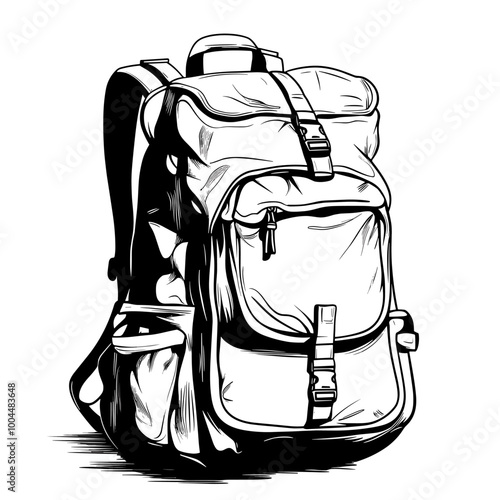 vector black line drawing of a tourist backpack on a white background .Generative AI