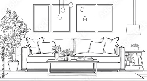 vector drawing of black lines room with sofa and paintings on white background .Generative AI