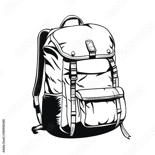 vector black line drawing of a tourist backpack on a white background .Generative AI