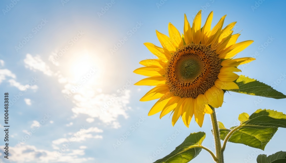 A sunflower turning its face toward the sun, with its leaves rustling in the light breeze. A sunflower turning its face toward the sun, with its leaves rustling in the light breeze.