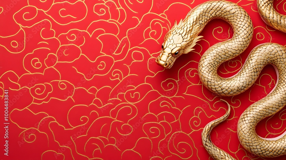 A gold snake is on a red background. The snake is curled up and he is resting A gold snake is on a red background. The snake is curled up and he is resting