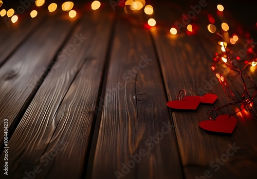Romantic Wooden Background with Red Hearts and Lights