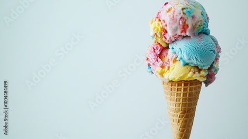 Scoop of colorful ice cream, displayed in a cone, set against a white background, capturing the smooth texture and vibrant colors of a summer treat.