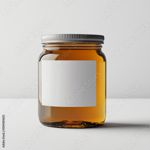 una etiqueta en blanco sobre un frasco de miel blanca en una superficie neutra