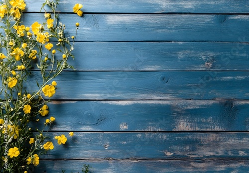 Blue Wooden Background with Yellow Flowers