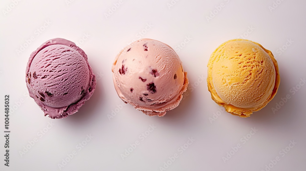Three scoops of ice cream in different flavors, beautifully arranged on a white background, highlighting creamy textures and rich, vivid colors. Three scoops of ice cream in different flavors, beautifully arranged on a white background, highlighting creamy textures and rich, vivid colors.