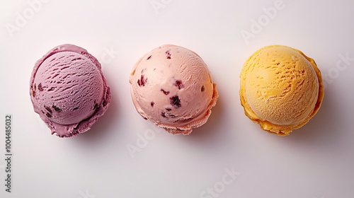 Three scoops of ice cream in different flavors, beautifully arranged on a white background, highlighting creamy textures and rich, vivid colors.