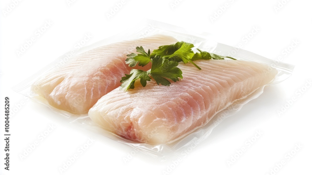 Vacuum-sealed pack of tilapia fillets, placed on a white background, focusing on the quality and clean presentation of the seafood. Vacuum-sealed pack of tilapia fillets, placed on a white background, focusing on the quality and clean presentation of the seafood.