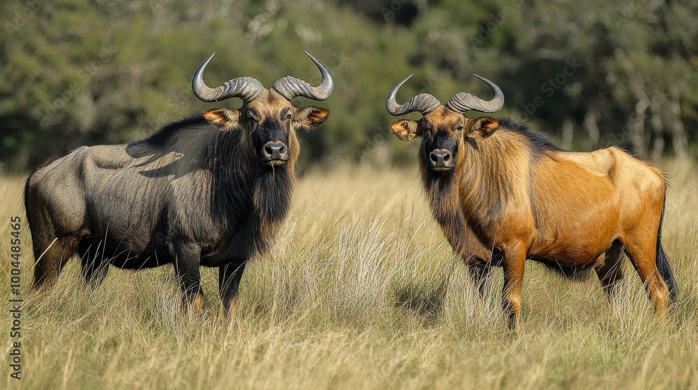 Two wildebeests standing together in tall grass under bright sunlight in a serene savanna landscape