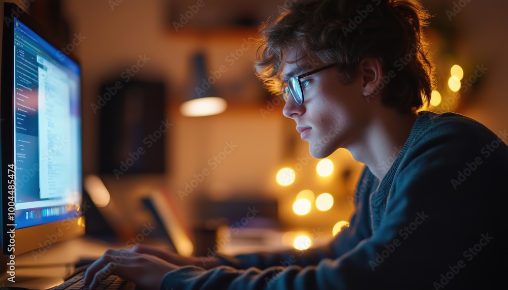 Young Man With Vision Impairment Using Computer For Email Checking And Internet Browsing From Side Profile Young Man With Vision Impairment Using Computer For Email Checking And Internet Browsing From Side Profile