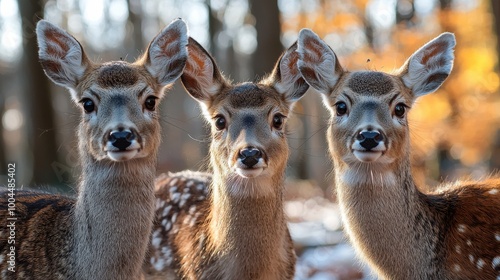 Three spotted fawns standing together in a wooded area during autumn, surrounded by colorful foliage and soft sunlight photo