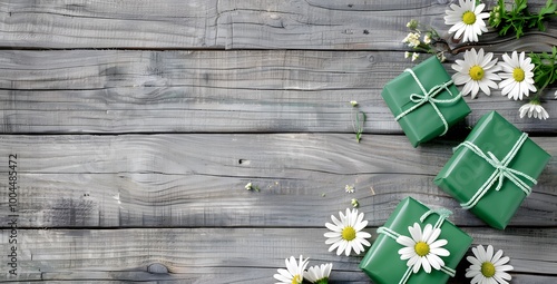 Green Gifts with Daisies on Wooden Background