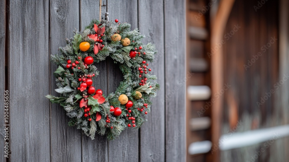 Festive Christmas Wreath Adorned with Red Berries and Oranges Hanging on a Wooden Door Festive Christmas Wreath Adorned with Red Berries and Oranges Hanging on a Wooden Door