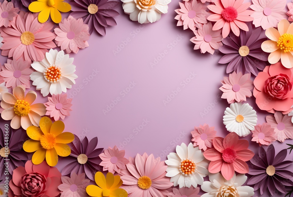 Colorful Paper Flowers Frame on Pink Background Colorful Paper Flowers Frame on Pink Background