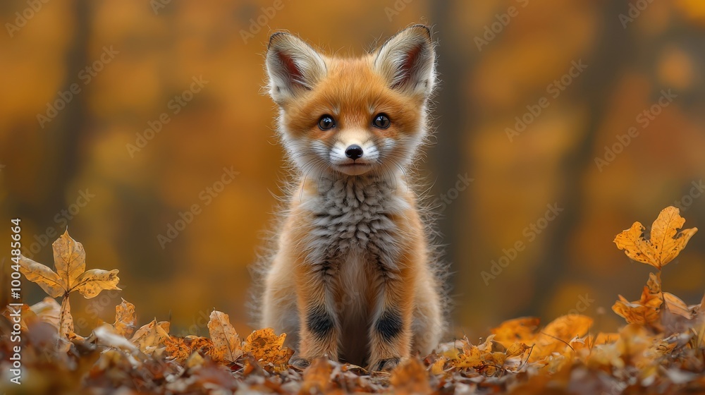 Fototapeta premium A curious red fox cub explores a vibrant forest covered in autumn leaves during a sunny day