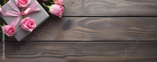 Pink Roses & Gift Box on Wooden Background