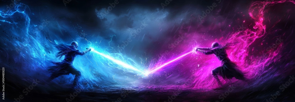 An epic confrontation where two blades meet in a dramatic clash, surrounded by bursts of sparks and energy, capturing the intensity of a warrior's duel. An epic confrontation where two blades meet in a dramatic clash, surrounded by bursts of sparks and energy, capturing the intensity of a warrior's duel.