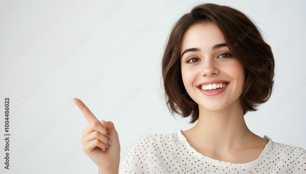 Beautiful Female Customer Representative Smiling With Headset, Pointing At Copy Space On White Background. Positive Emotions And Facial Expressions Captured. Beautiful Female Customer Representative Smiling With Headset, Pointing At Copy Space On White Background. Positive Emotions And Facial Expressions Captured.