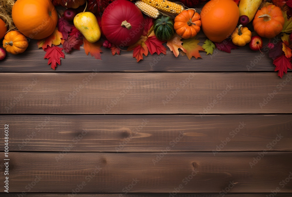 Autumnal Wooden Background with Pumpkins and Leaves Autumnal Wooden Background with Pumpkins and Leaves