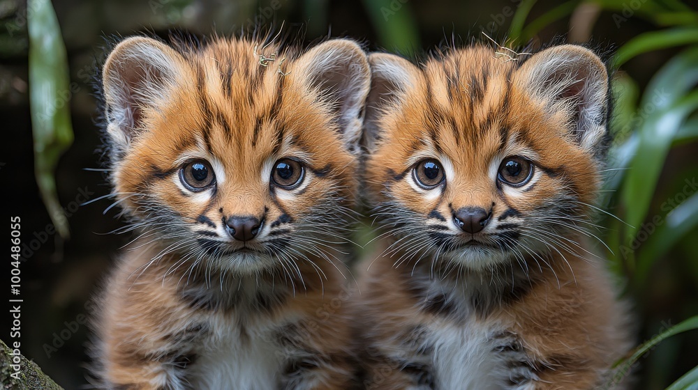 Two adorable tiger cubs curiously looking at the camera in a lush green environment during the daytime Two adorable tiger cubs curiously looking at the camera in a lush green environment during the daytime