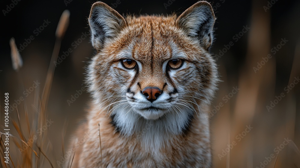 Close-up of a lynx in a natural habitat during the golden hour, showcasing its striking facial features and intense gaze Close-up of a lynx in a natural habitat during the golden hour, showcasing its striking facial features and intense gaze