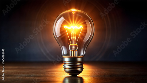 Glowing light bulb emitting warm light on a dark background