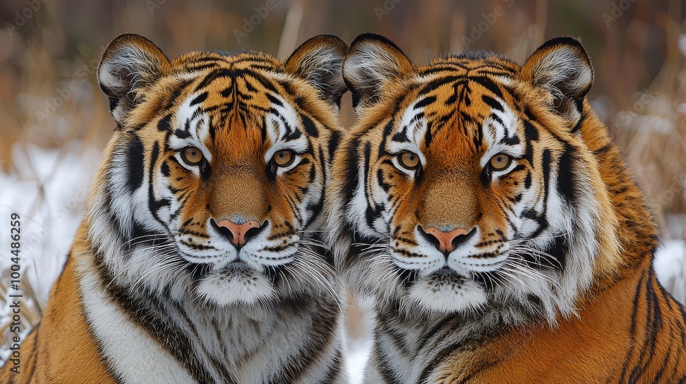 Fototapeta premium Two majestic tigers gaze intently while standing in a snowy landscape during winter in their natural habitat