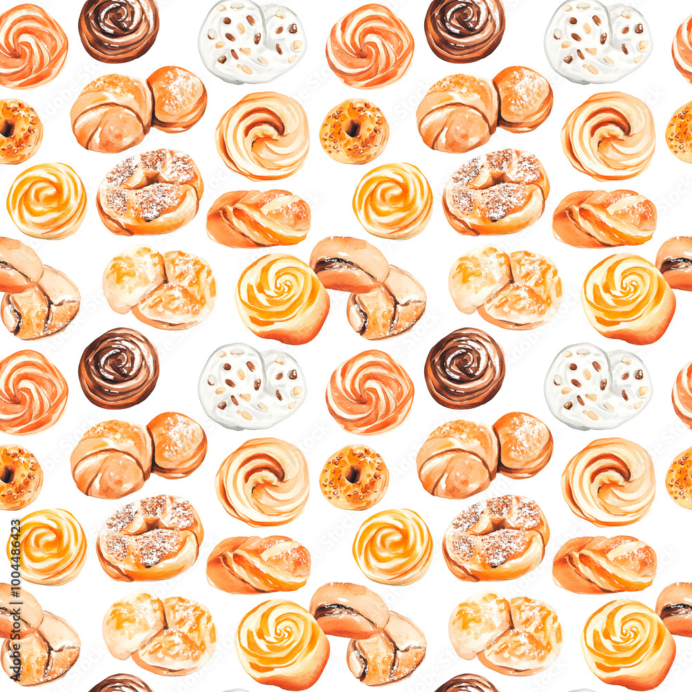 This image presents a mouth-watering array of freshly baked pastries and buns, arranged in a seamless pattern. This image presents a mouth-watering array of freshly baked pastries and buns, arranged in a seamless pattern.
