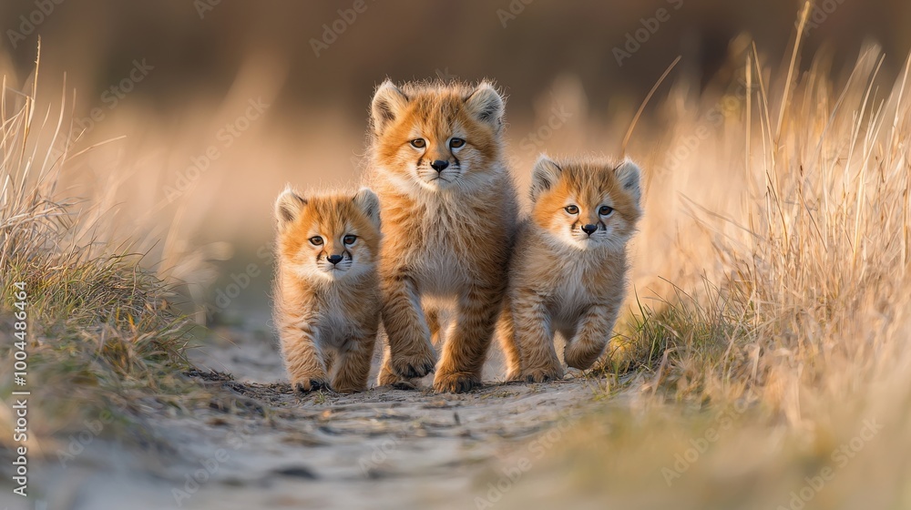 Three playful fox cubs exploring a grassy path in a natural habitat during a sunny afternoon Three playful fox cubs exploring a grassy path in a natural habitat during a sunny afternoon
