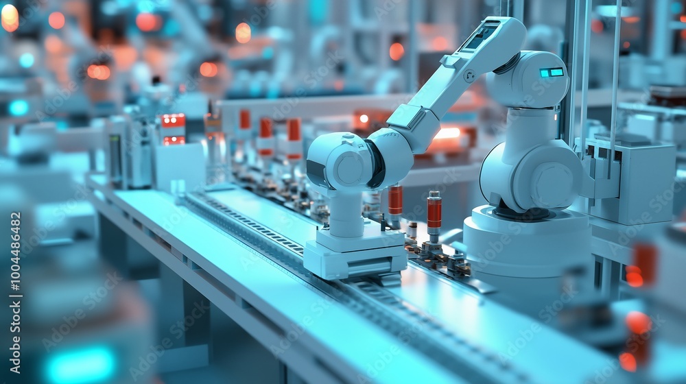 Advanced robotic arm working on an automated assembly line in a high-tech production facility during daytime operations Advanced robotic arm working on an automated assembly line in a high-tech production facility during daytime operations