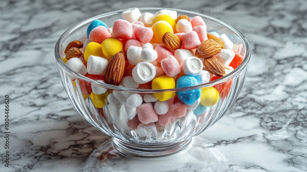 A glass bowl filled with colorful candies, marshmallows, and almond candies sits on a marble surface. A glass bowl filled with colorful candies, marshmallows, and almond candies sits on a marble surface.