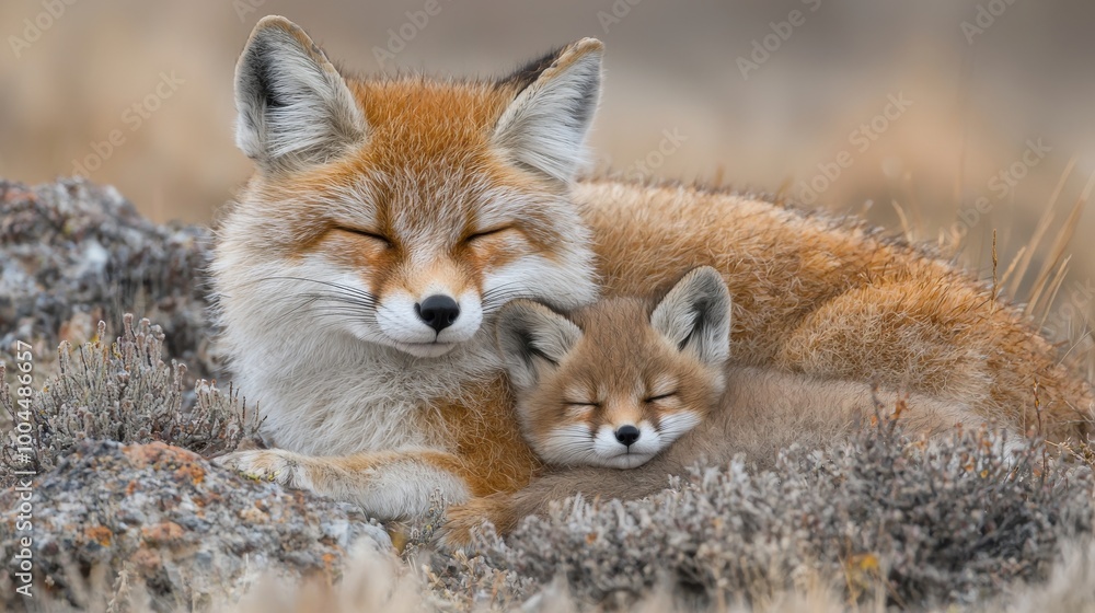 Naklejka premium A mother fox cuddles with her young cub in their natural habitat during a calm afternoon in the wilderness