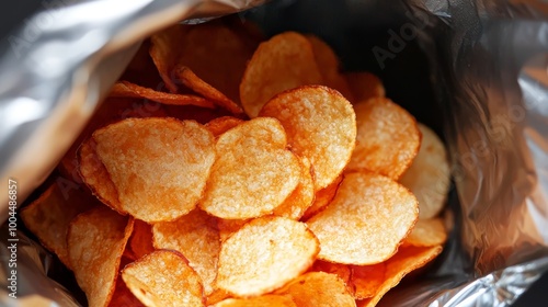 Close-up of a handful of potato chips peeking out of an open snack bag, highlighting their crispy texture. photo