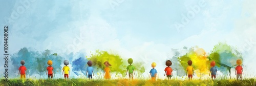 Children Painting Colorful Trees Outdoors, Inspiring Creativity and Teamwork in Nature, Perfect for Educational and Artistic Campaigns