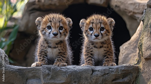 Two playful cheetah cubs explore their rocky habitat during a sunny afternoon at the wildlife sanctuary