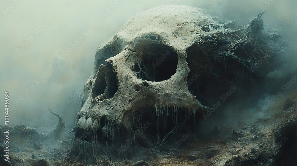 A Skull Emerges from the Fog: A Dark and Surreal Painting A Skull Emerges from the Fog: A Dark and Surreal Painting
