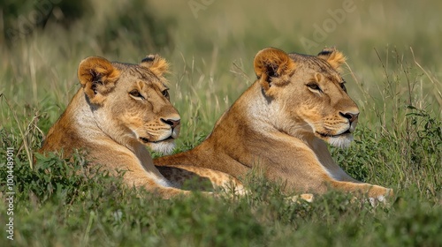 Two lions resting side by side in the tall grass of the African savannah during golden hour