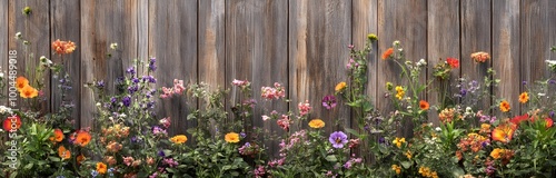 Rustic Wooden Fence with Colorful Wildflowers