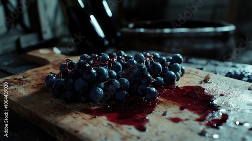 Grapes on a Wooden Board with Red Wine Stains photo