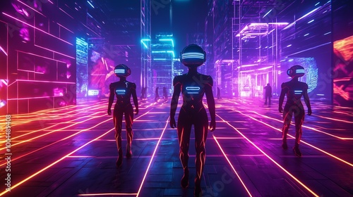 Futuristic neon cityscape with people in cybernetic suits walking through a vibrant techno metropolis, ideal for scifi concepts and digital art applications.