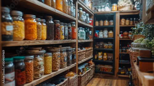 A well-stocked pantry with rows of glass jars filled with various dried goods, showcasing an organized and homey feel.