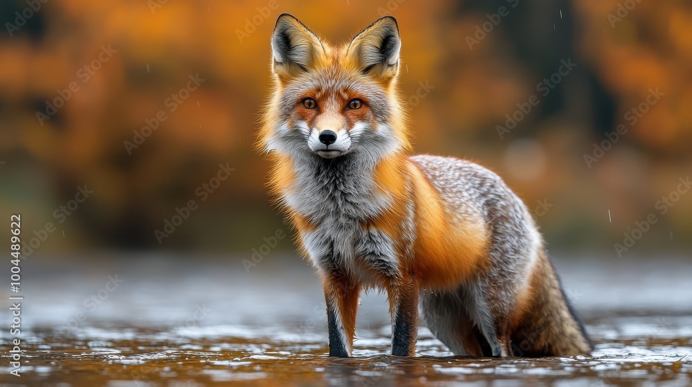 Fototapeta premium A red fox standing gracefully in shallow water surrounded by autumn foliage in a serene landscape