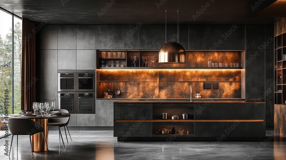 A modern kitchen with a black countertop and a gold chandelier A modern kitchen with a black countertop and a gold chandelier