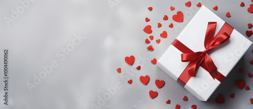 White Gift Box with Red Ribbon on Grey Background
