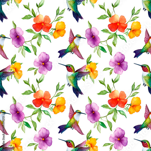 Wallpaper Mural Seamless pattern of nature beauty featuring graceful hummingbird dancing among blooming vibrant flowers on white background. Torontodigital.ca